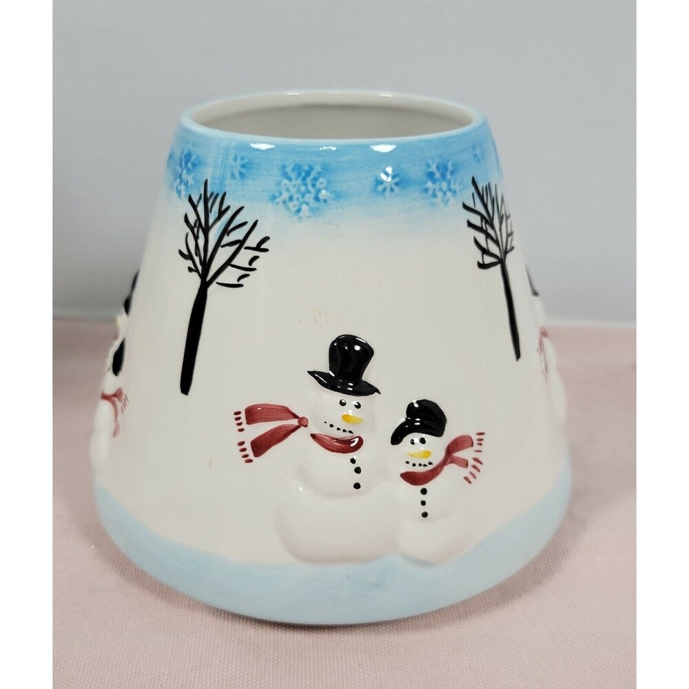 Holiday time snowman candle shade hand painted ceramic blue and white